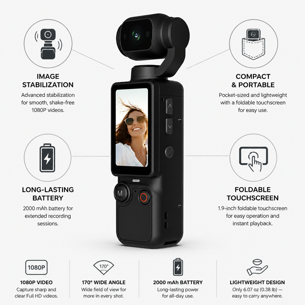 Pocket Camera 1080P Image Stabilization Foldable Touchscreen