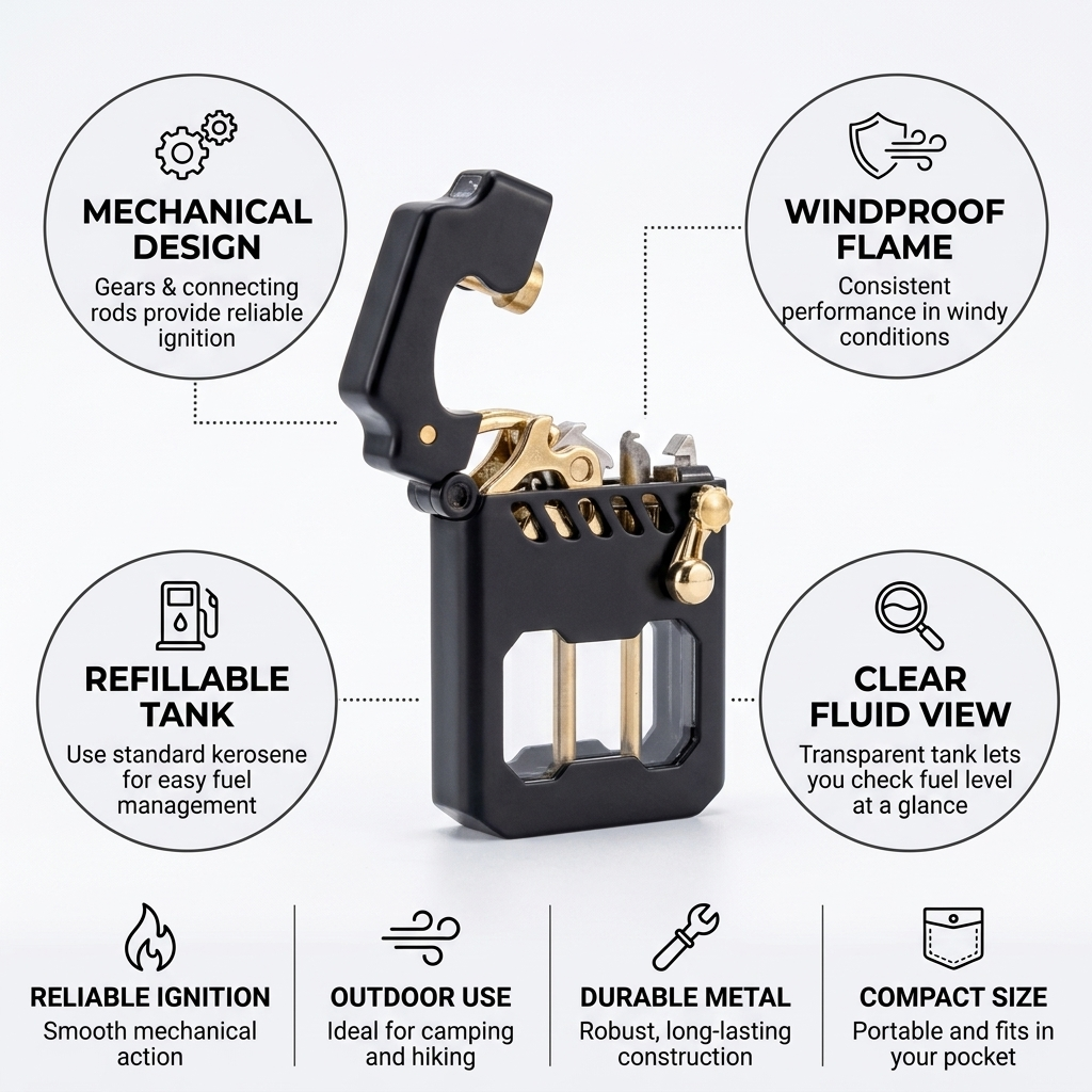 Pocket Lighter Windproof Flame Refillable Metal Compact