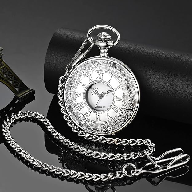 Pocket Watch Quartz Movement Roman Numerals Chain Included