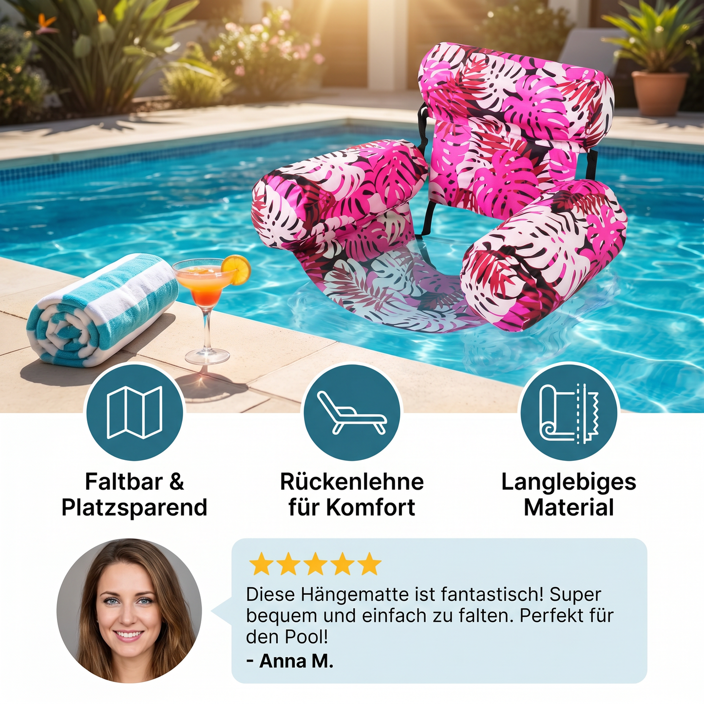 Pool Hammock Inflatable Ergonomic Backrest & Breathable Mesh