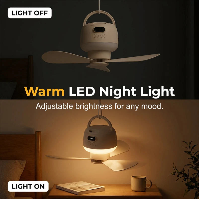 Portable Ceiling Fan Rechargeable & Ultra-Quiet Warm LED