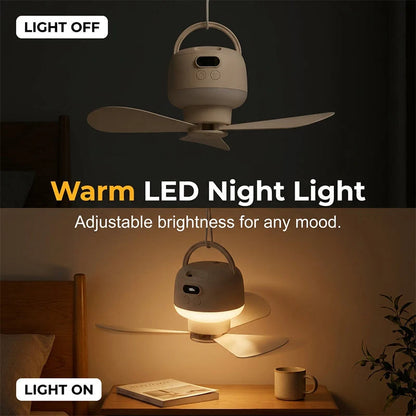 Portable Ceiling Fan Rechargeable & Ultra-Quiet Warm LED