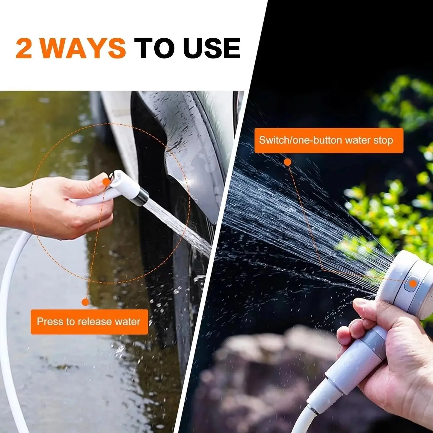 Portable Shower USB Rechargeable Adjustable Spray & Stop Valve