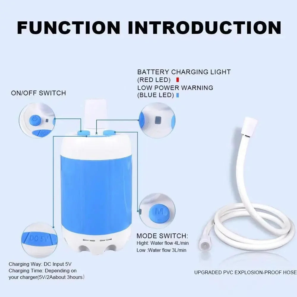 Portable Shower USB Rechargeable Adjustable Spray & Stop Valve