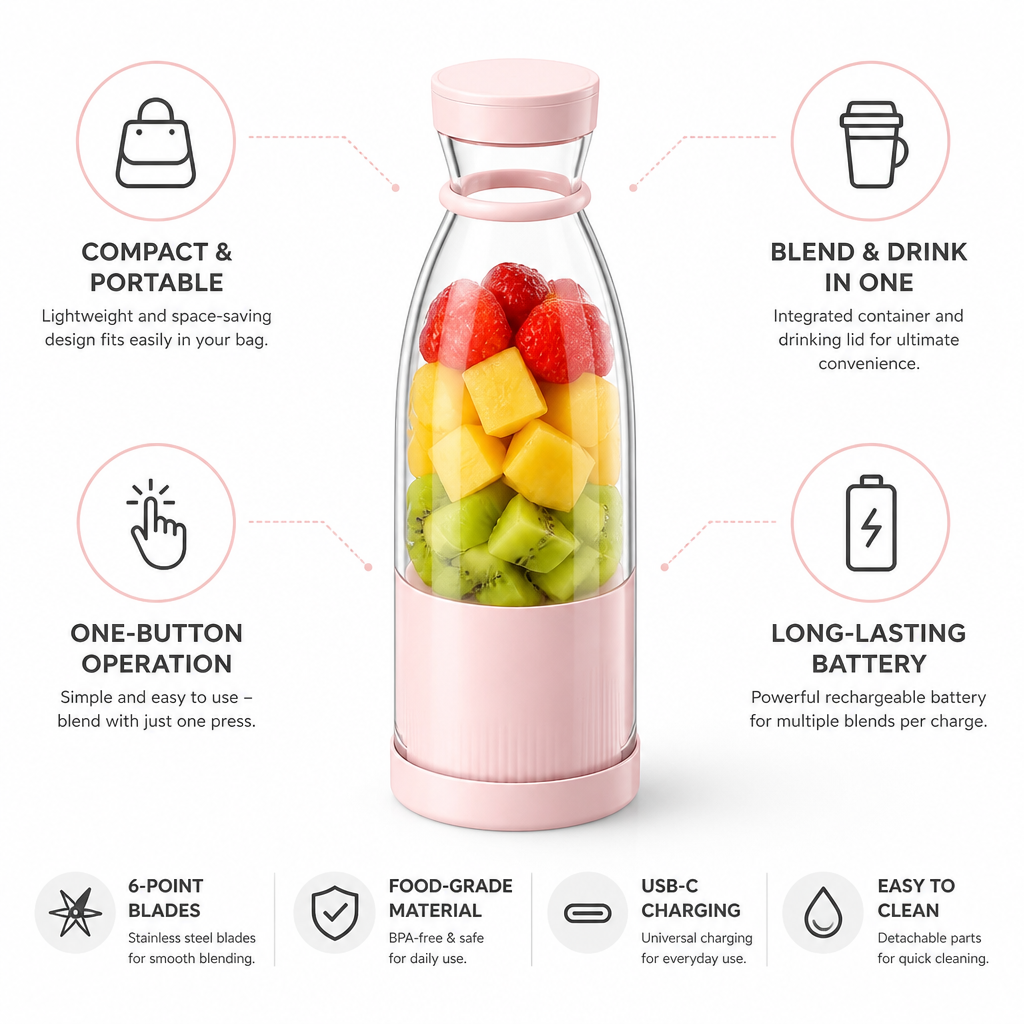 Portable Smoothie Blender Rechargeable Integrated Drinking Lid