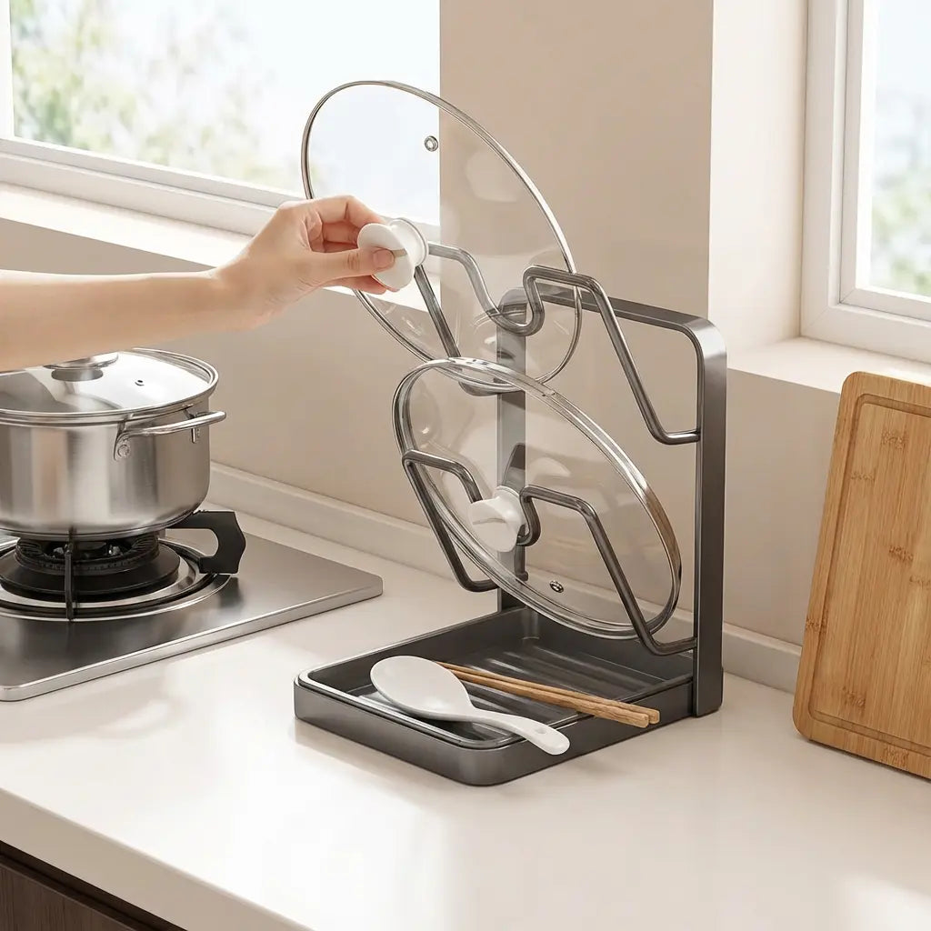 Pot Lid Rack U-Slot Upright Two-Tier Removable Drip Tray