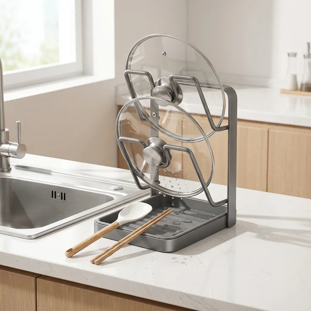 Pot Lid Rack U-Slot Upright Two-Tier Removable Drip Tray