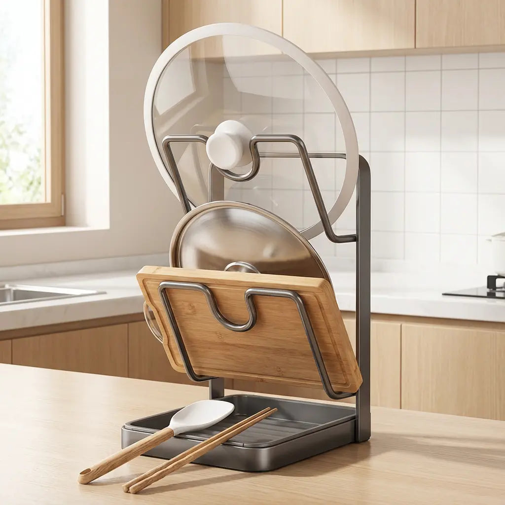 Pot Lid Rack U-Slot Upright Two-Tier Removable Drip Tray