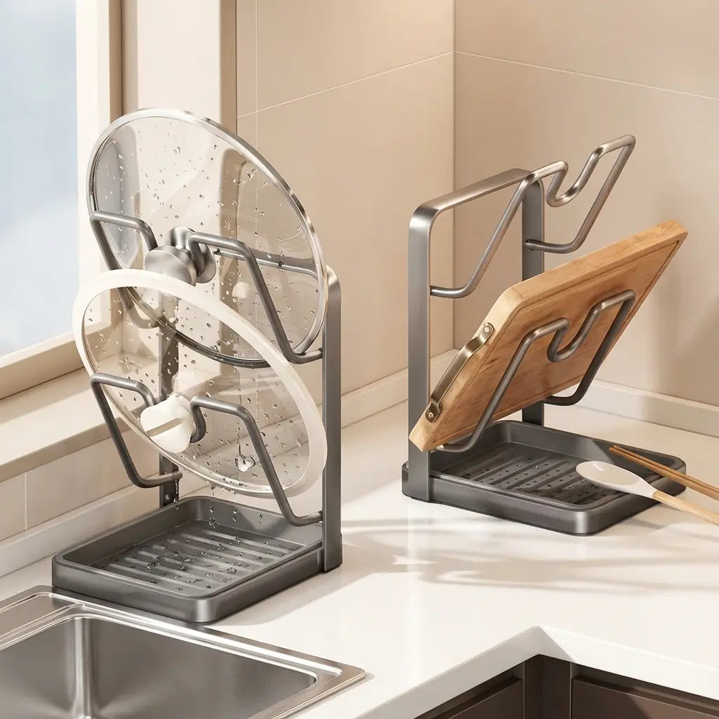 Pot Lid Rack U-Slot Upright Two-Tier Removable Drip Tray