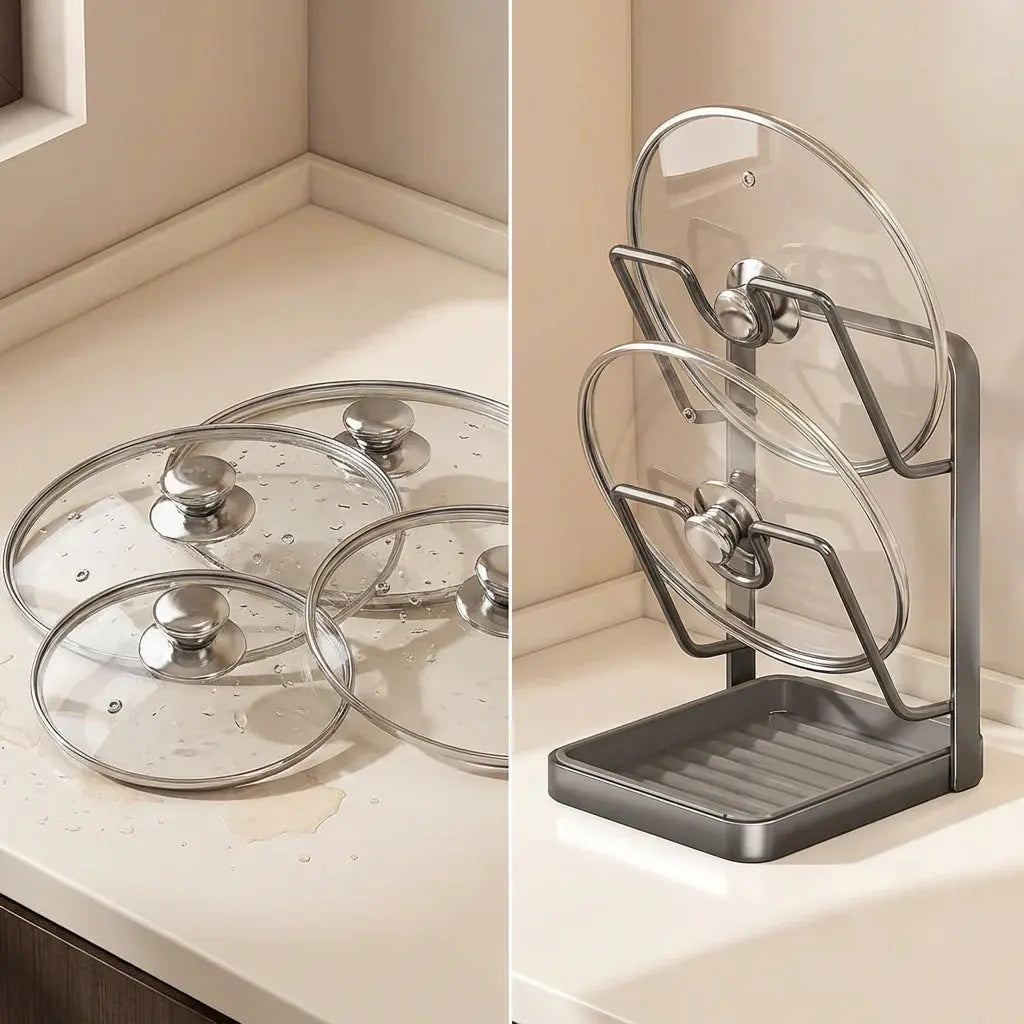 Pot Lid Rack U-Slot Upright Two-Tier Removable Drip Tray