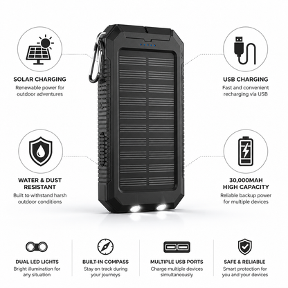 Power Bank 30,000mAh Solar & USB Charging Water-Resistant