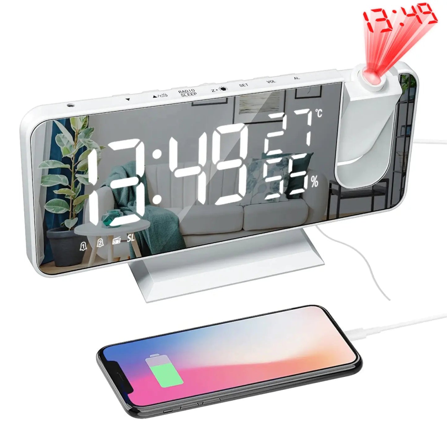 Projection Alarm Clock 180° Rotating Dual Alarm USB Charging