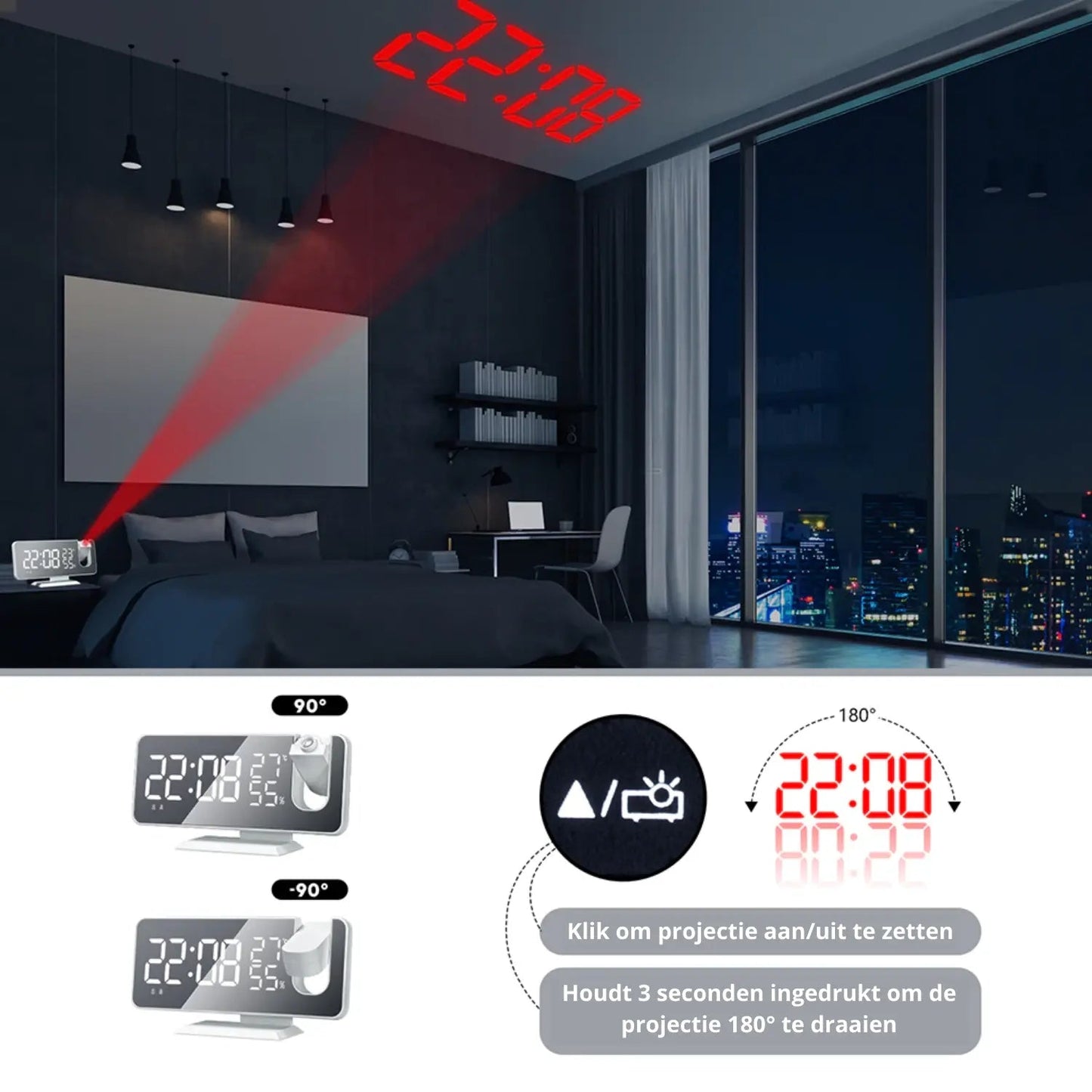 Projection Alarm Clock 180° Rotating Dual Alarm USB Charging
