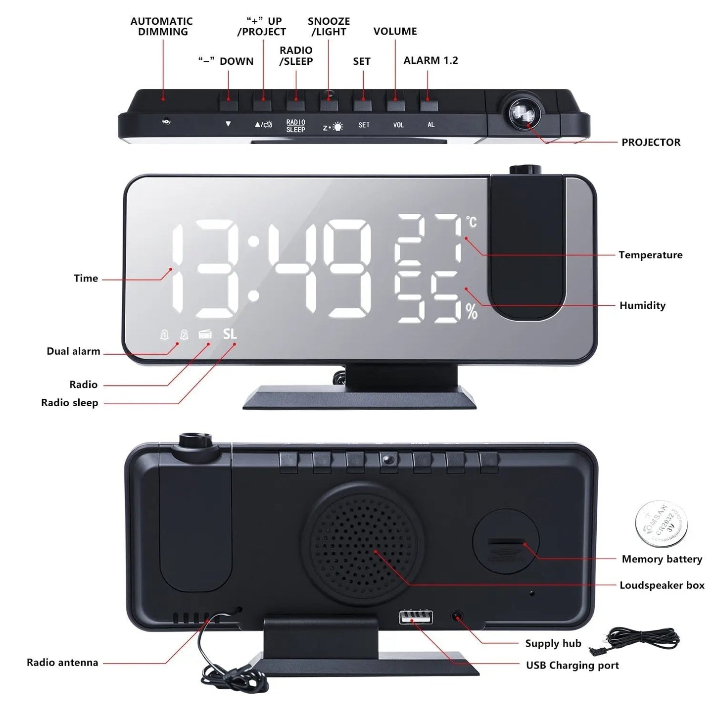 Projection Alarm Clock 180° Rotating Dual Alarm USB Charging