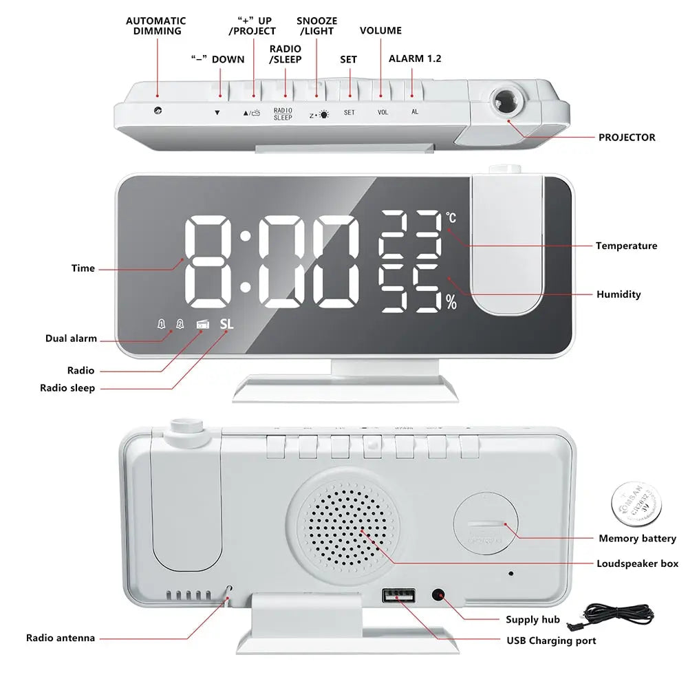 Projection Alarm Clock 180° Rotating Dual Alarm USB Charging