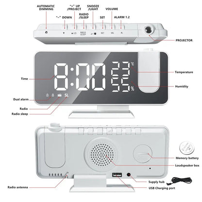 Projection Alarm Clock 180° Rotating Dual Alarm USB Charging