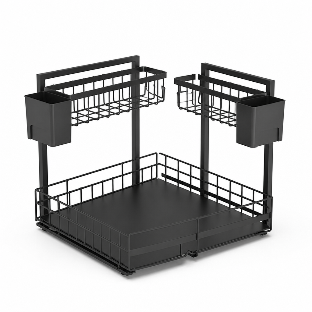 Pull-Out Cabinet Organizer L-Shaped Two-Tier Smooth Gliding Rails