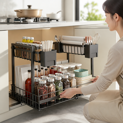 Pull-Out Cabinet Organizer L-Shaped Two-Tier Smooth Gliding Rails