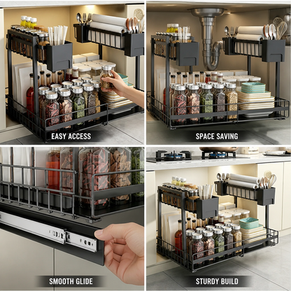 Pull-Out Cabinet Organizer L-Shaped Two-Tier Smooth Gliding Rails
