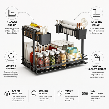 Pull-Out Cabinet Organizer L-Shaped Two-Tier Smooth Gliding Rails