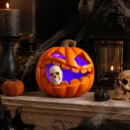 Pumpkin Decoration Carved Skull Battery-Operated LED Resin