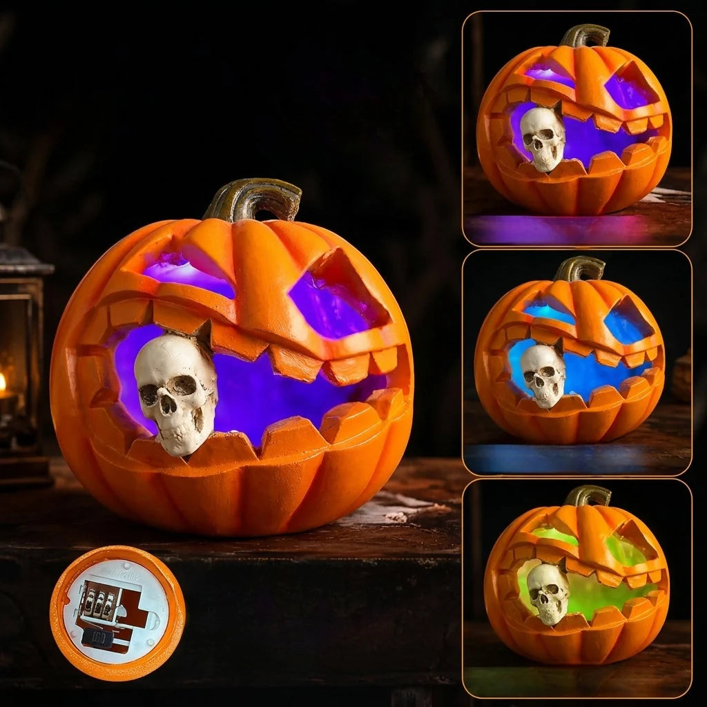 Pumpkin Decoration Carved Skull Battery-Operated LED Resin