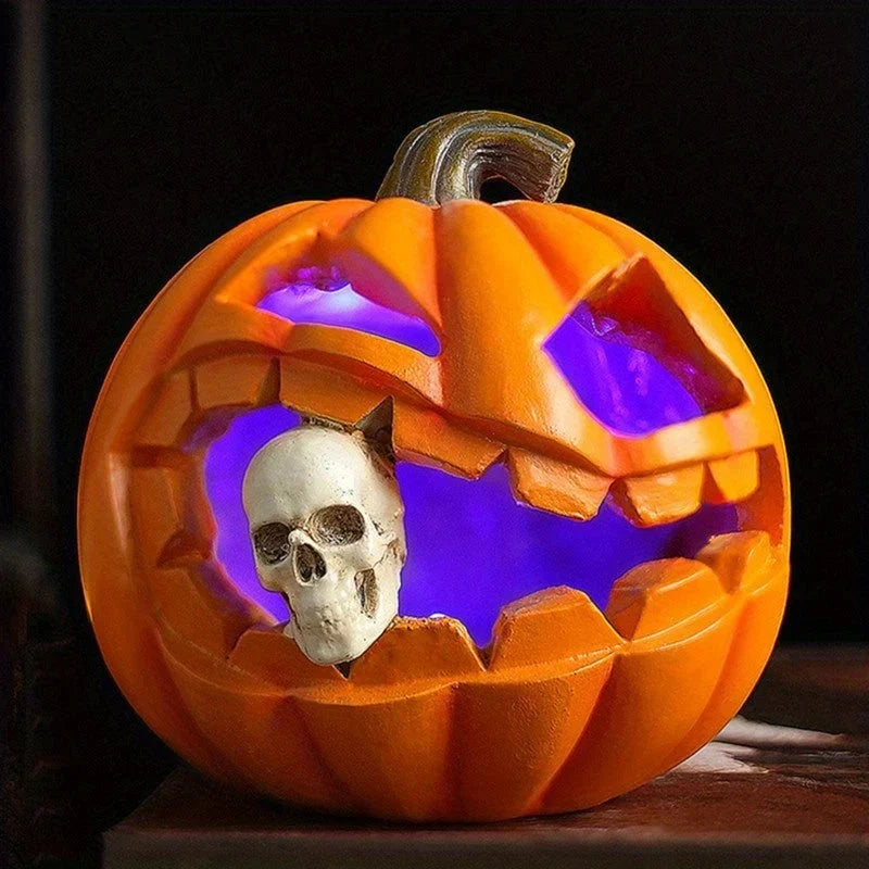 Pumpkin Decoration Carved Skull Battery-Operated LED Resin