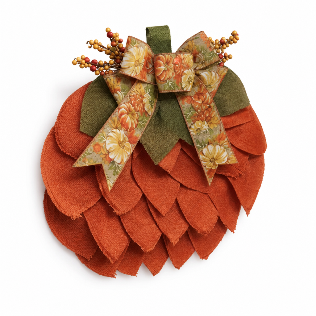 Pumpkin Wreath Handcrafted Felt Weather-Resistant With Bow & Beads