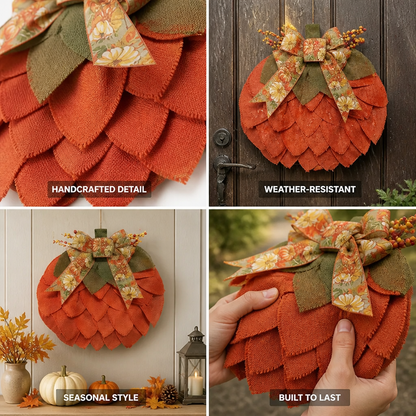 Pumpkin Wreath Handcrafted Felt Weather-Resistant With Bow & Beads