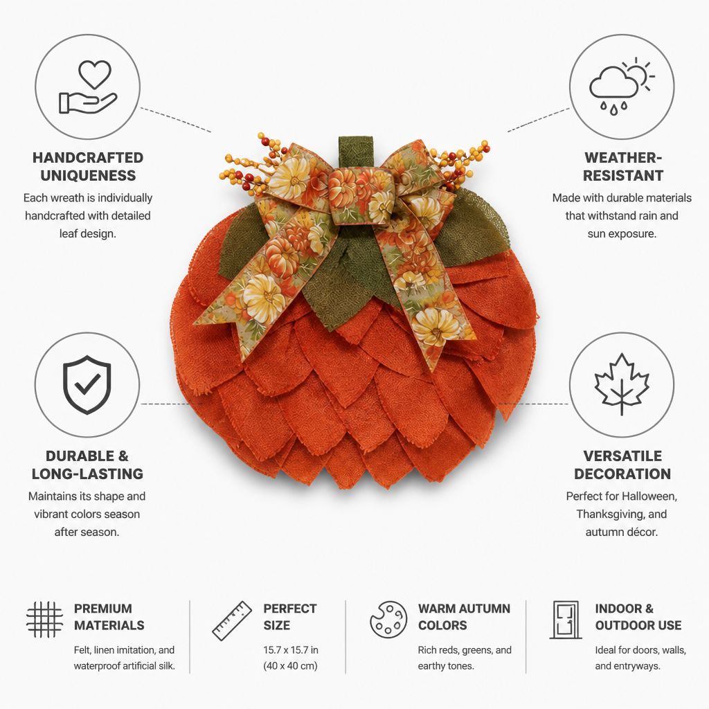 Pumpkin Wreath Handcrafted Felt Weather-Resistant With Bow & Beads