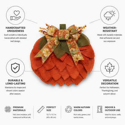 Pumpkin Wreath Handcrafted Felt Weather-Resistant With Bow & Beads