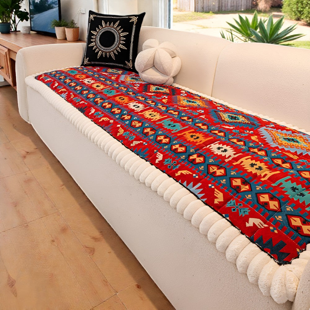 Quilted Sofa Cover Ethnic Pattern Microfiber Blend Non-Slip