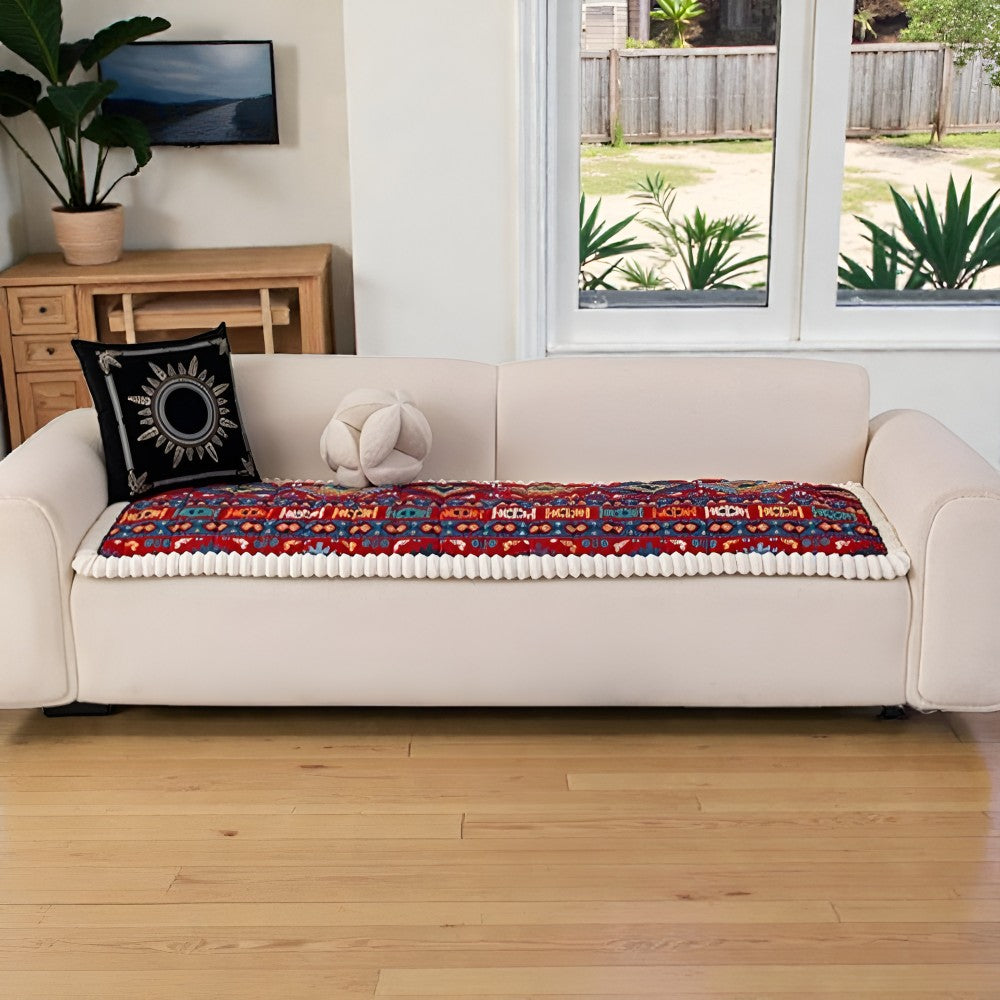 Quilted Sofa Cover Ethnic Pattern Microfiber Blend Non-Slip