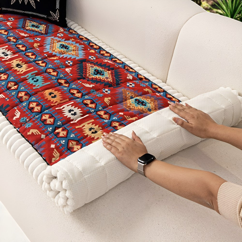 Quilted Sofa Cover Ethnic Pattern Microfiber Blend Non-Slip