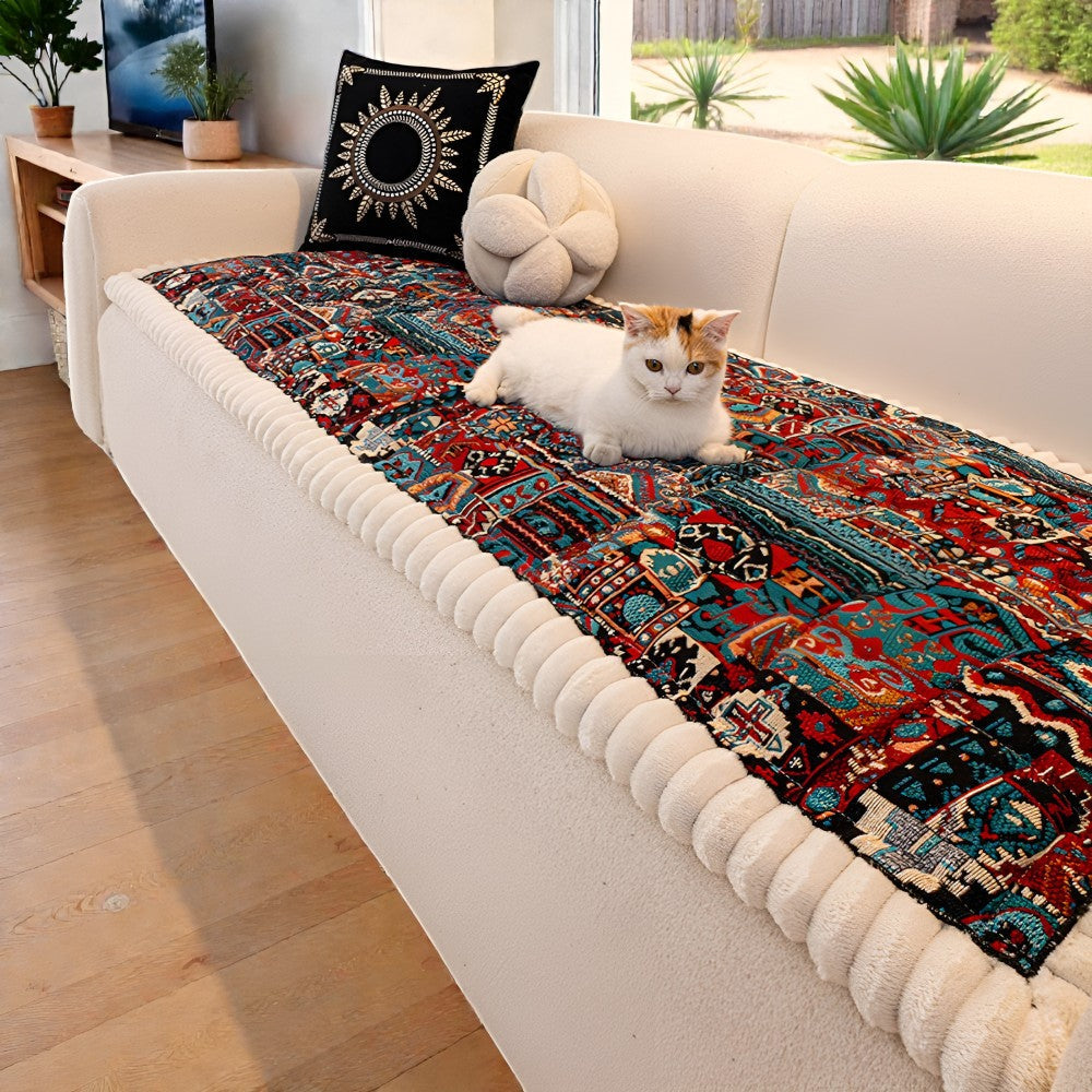 Quilted Sofa Cover Ethnic Pattern Microfiber Blend Non-Slip