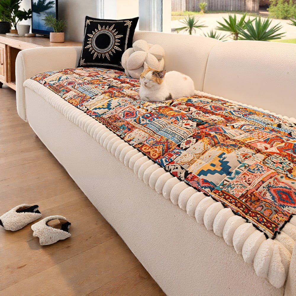 Quilted Sofa Cover Ethnic Pattern Microfiber Blend Non-Slip
