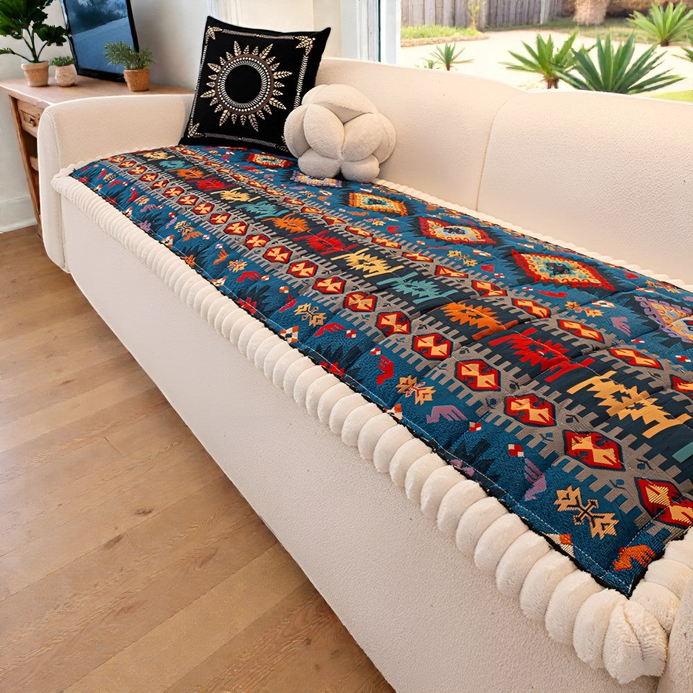 Quilted Sofa Cover Ethnic Pattern Microfiber Blend Non-Slip