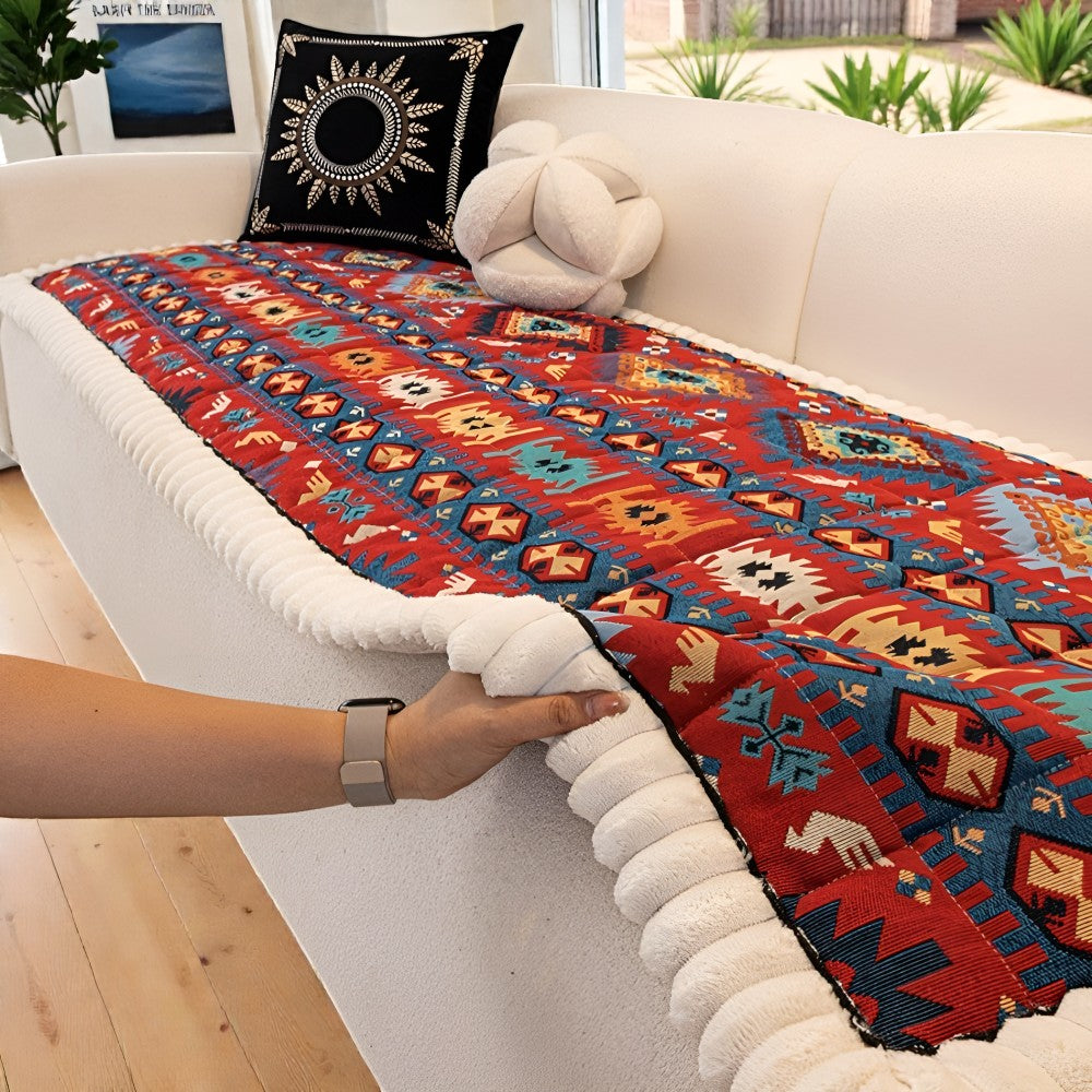 Quilted Sofa Cover Ethnic Pattern Microfiber Blend Non-Slip