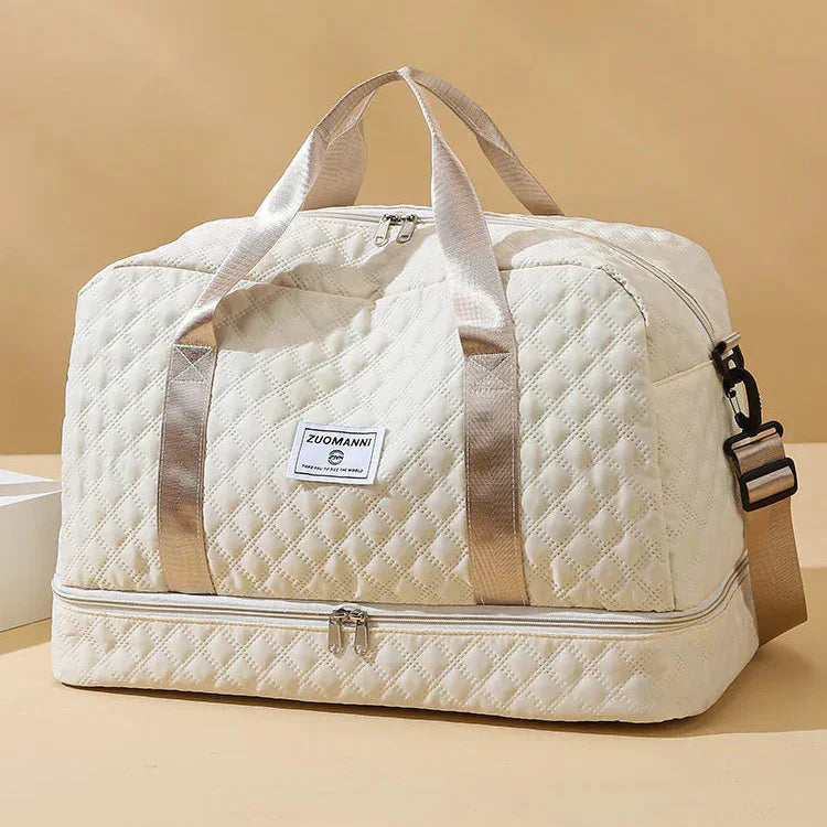Quilted Travel Bag Water-Repellent Nylon Shoe Compartment & Wet Zone