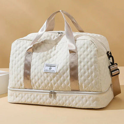 Quilted Travel Bag Water-Repellent Nylon Shoe Compartment & Wet Zone