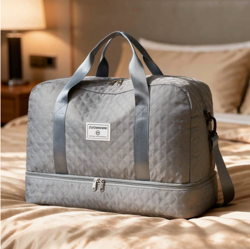 Quilted Travel Bag Water-Repellent Nylon Shoe Compartment & Wet Zone