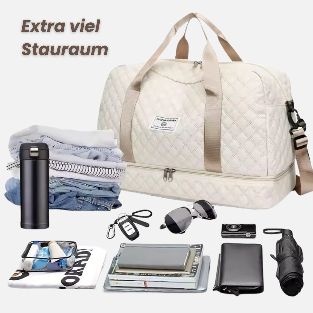 Quilted Travel Bag Water-Repellent Nylon Shoe Compartment & Wet Zone