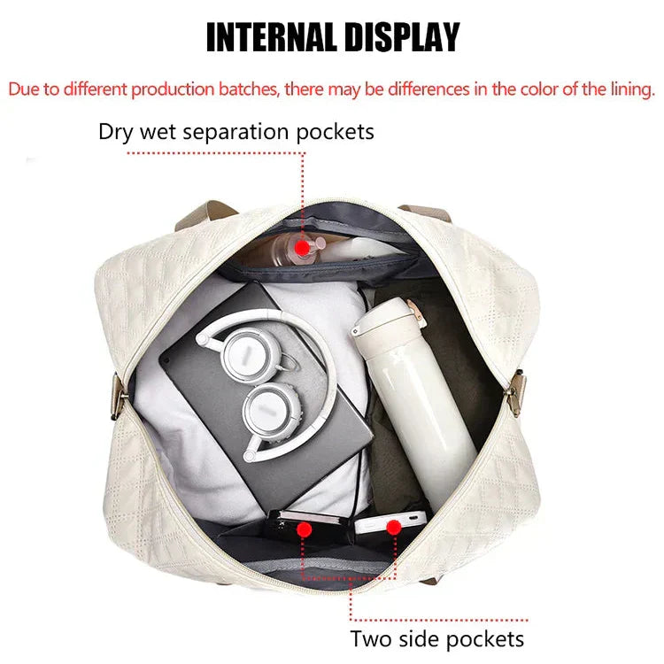 Quilted Travel Bag Water-Repellent Nylon Shoe Compartment & Wet Zone