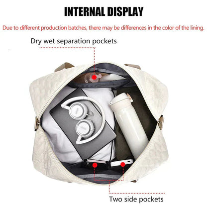 Quilted Travel Bag Water-Repellent Nylon Shoe Compartment & Wet Zone