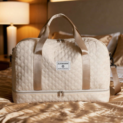 Quilted Travel Bag Water-Repellent Nylon Shoe Compartment & Wet Zone