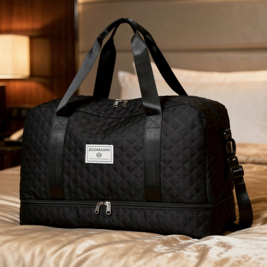 Quilted Travel Bag Water-Repellent Nylon Shoe Compartment & Wet Zone