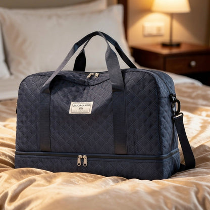 Quilted Travel Bag Water-Repellent Nylon Shoe Compartment & Wet Zone