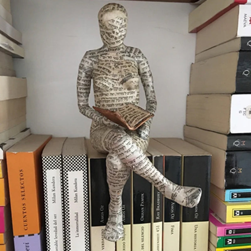 Reading Figurine Handcrafted Resin Newspaper Print
