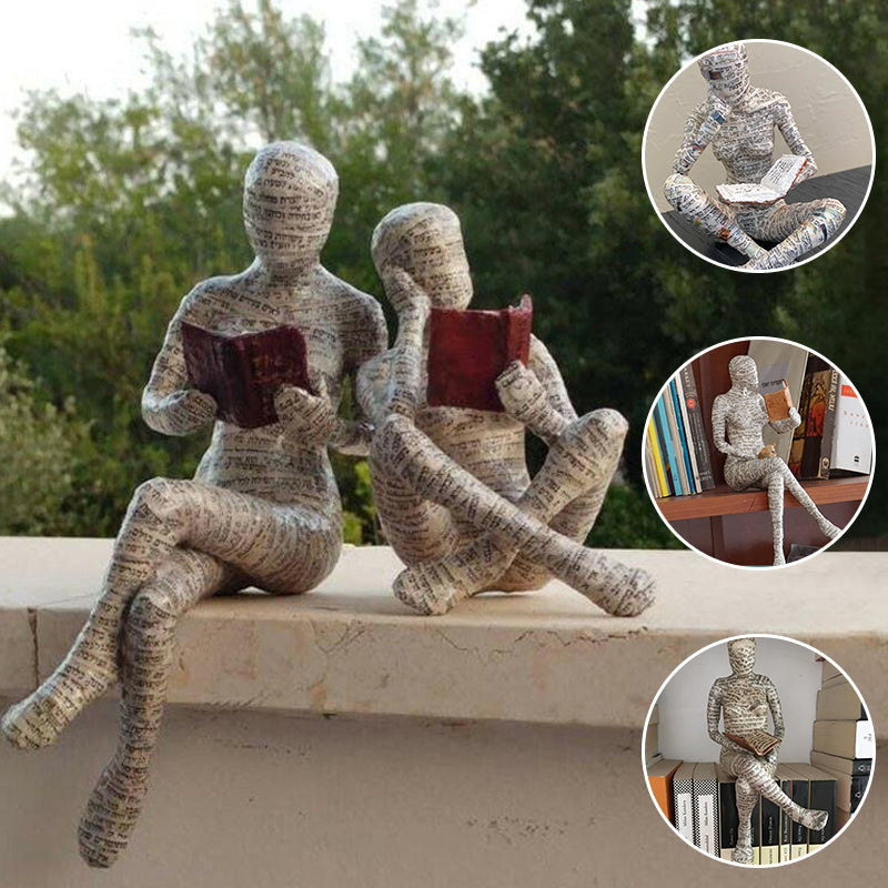 Reading Figurine Handcrafted Resin Newspaper Print