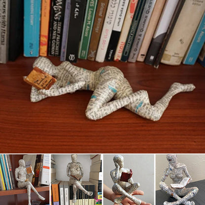 Reading Figurine Handcrafted Resin Newspaper Print